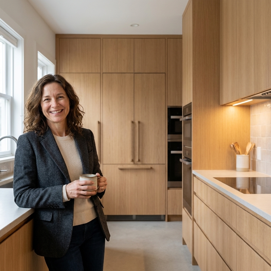 A galley kitchen ending in a clean wall of tall pantry cabinets with integrated appliances, creating a streamlined focal point