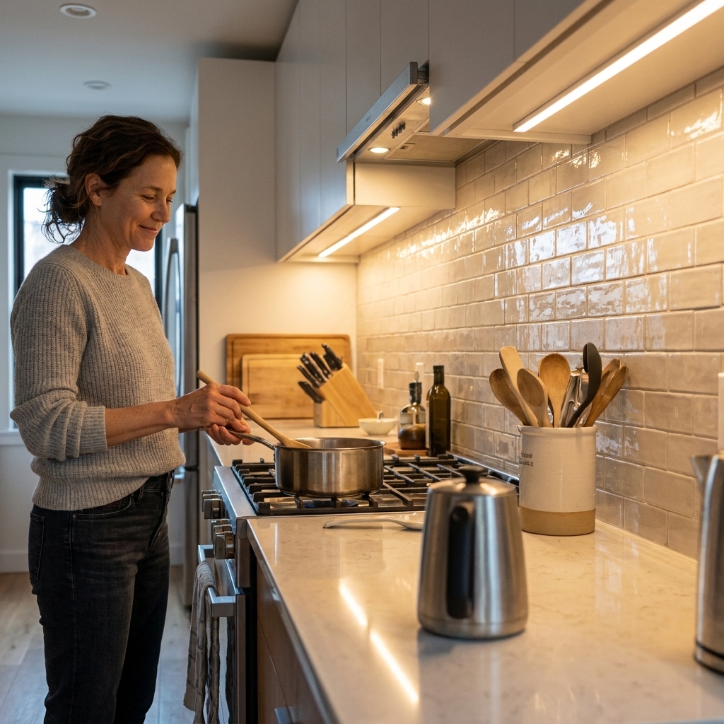 A galley kitchen with a glossy light-colored tile backsplash reflecting under-cabinet lighting along a long counter run