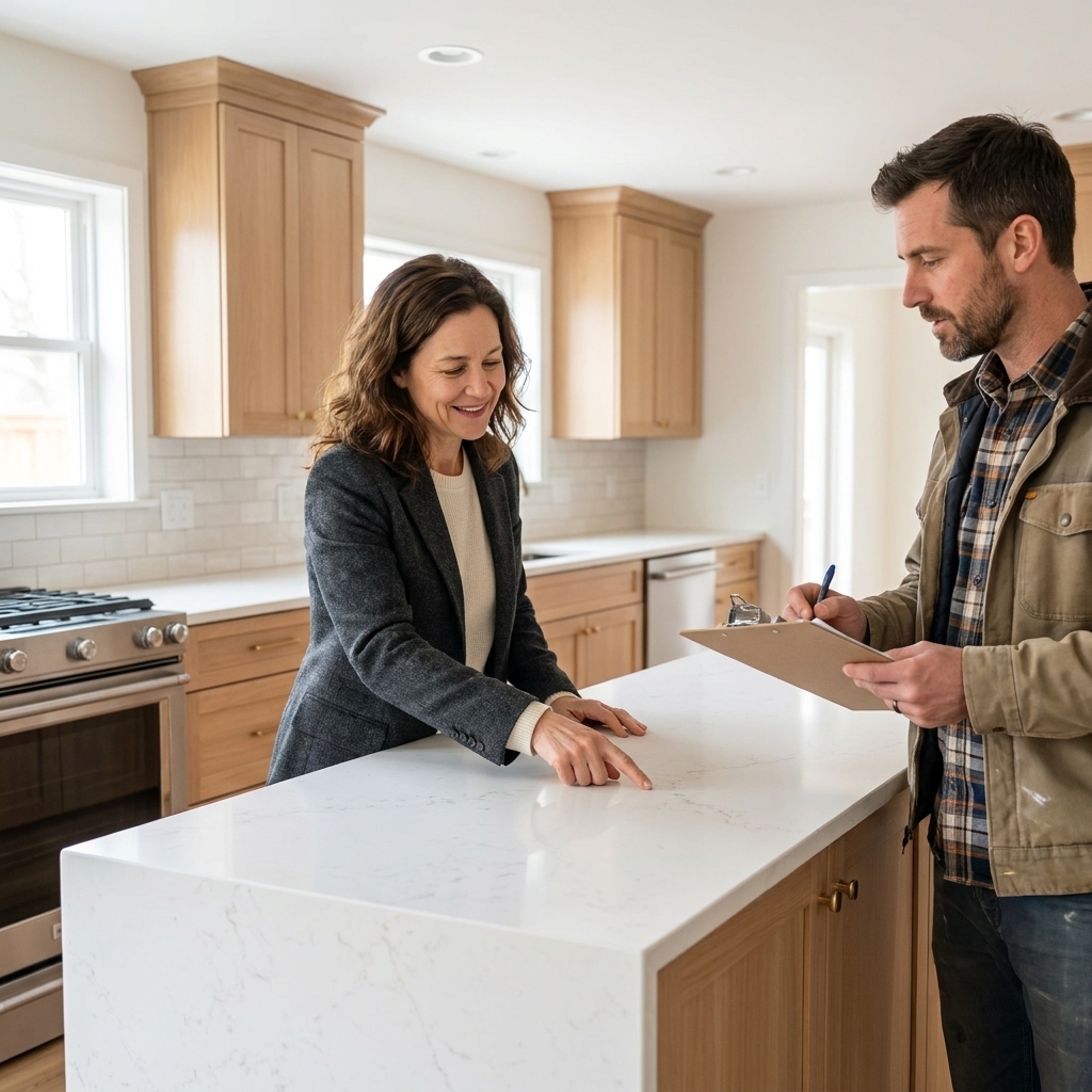 A homeowner and contractor standing in a newly finished kitchen reviewing details near a kitchen island during a final walkthrough