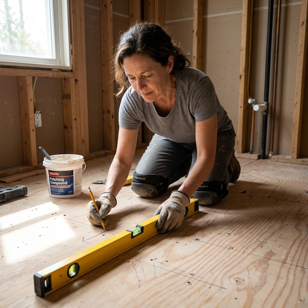 A homeowner checking subfloor flatness with a long level across a bathroom subfloor, pencil marks indicating low spots to be patched
