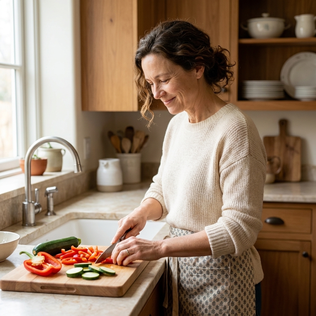 A homeowner chopping vegetables on a kitchen countertop near a sink, with bright even light across the work surface