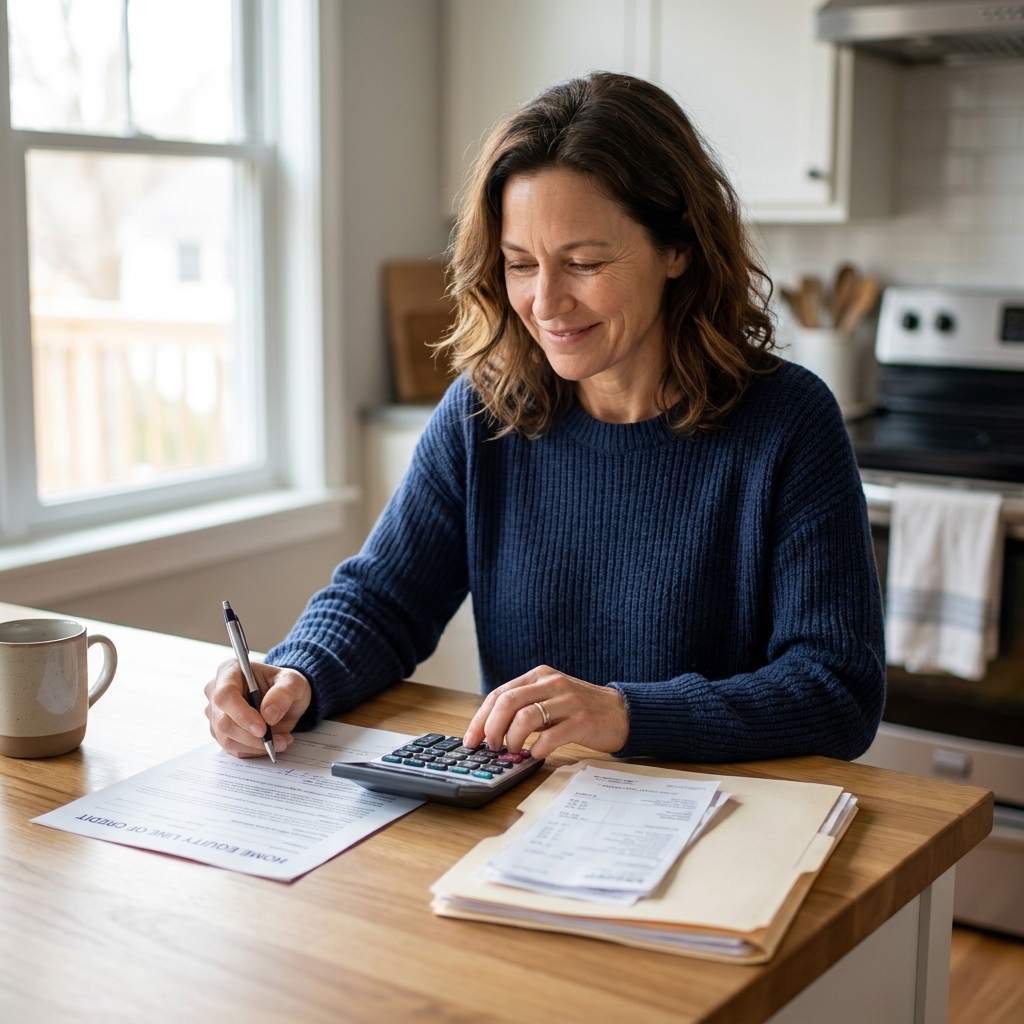 A homeowner filling out home equity line of credit documents at a kitchen island with a calculator and a folder of renovation receipts