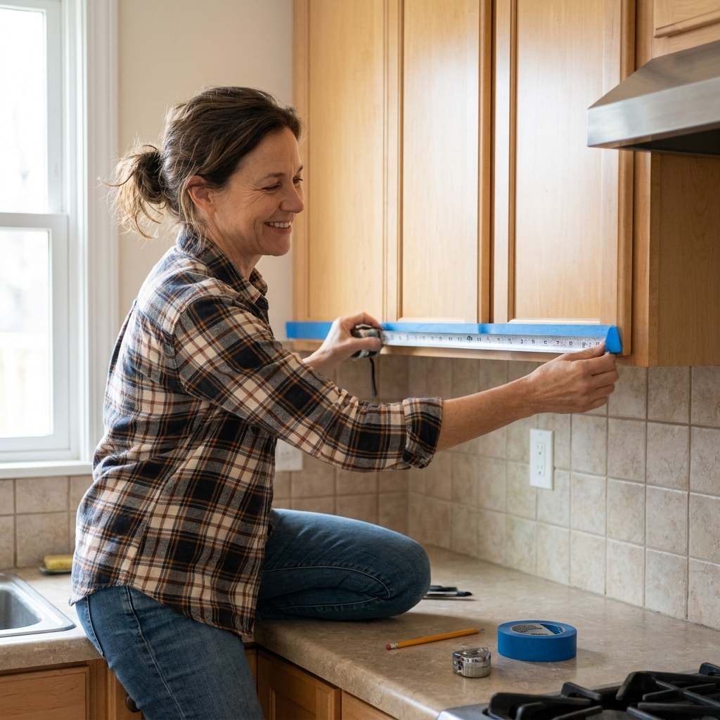 A homeowner measuring the underside of upper kitchen cabinets with a tape measure while marking a lighting run with painter's tape