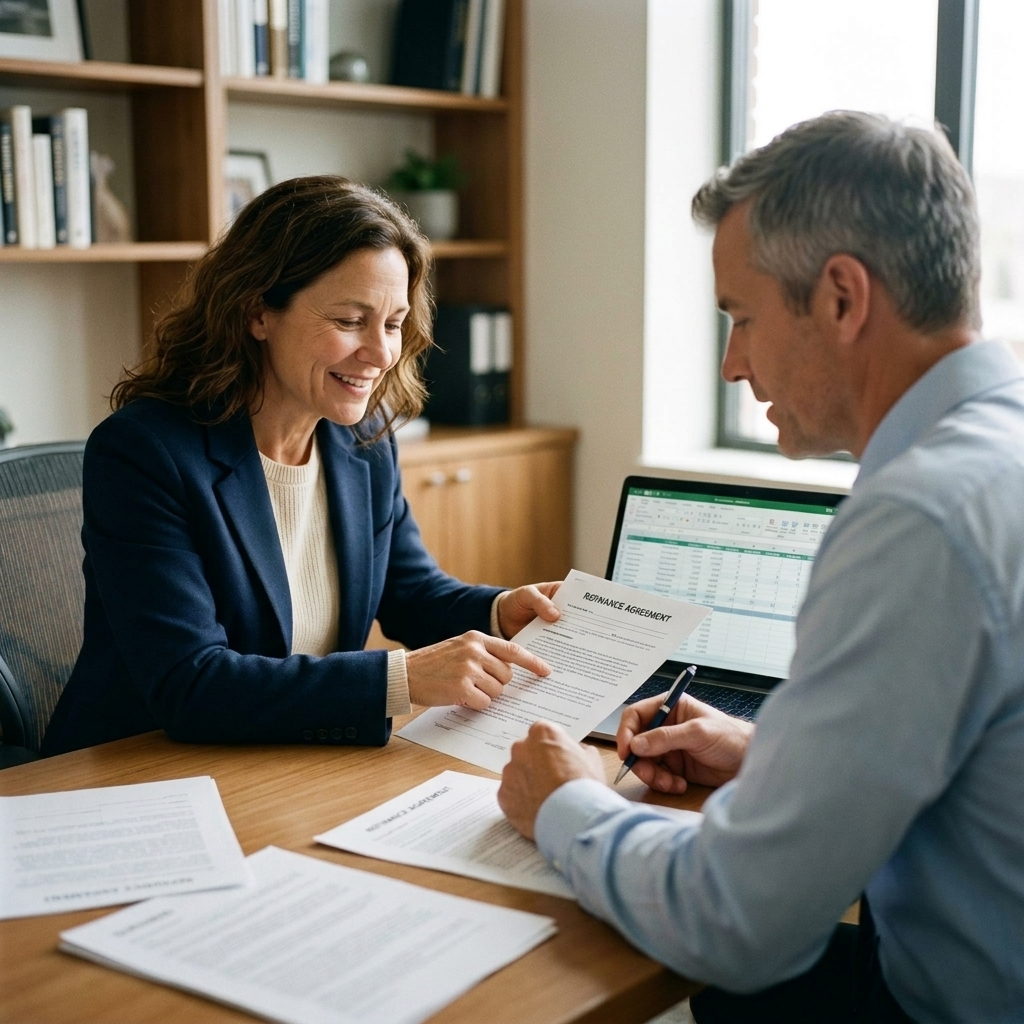 A homeowner meeting with a mortgage lender in an office and reviewing refinancing documents with a laptop open on the desk