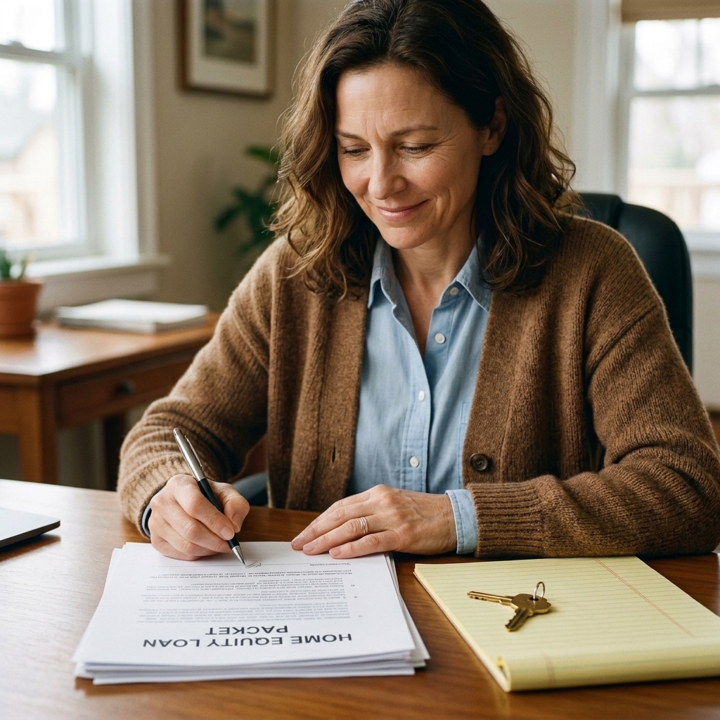 A homeowner signing a home equity loan packet on a desk with a pen, a notepad, and a house key nearby