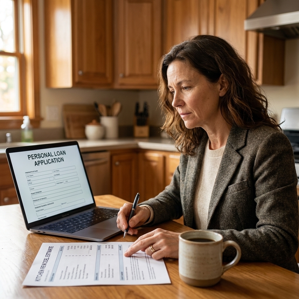 A homeowner sitting at a kitchen table applying for a personal loan on a laptop, with a printed remodel estimate and a coffee mug nearby