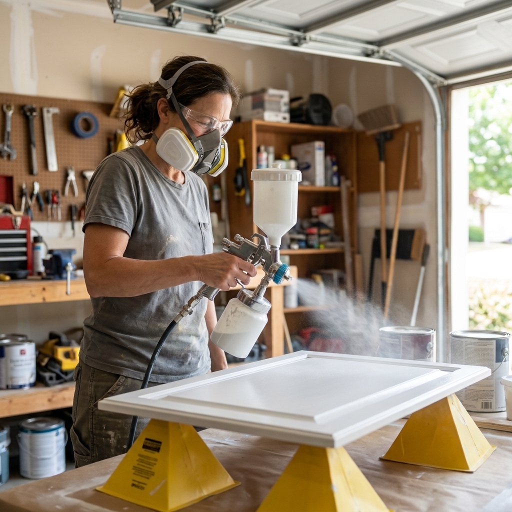 A homeowner using an HVLP paint sprayer to apply an even coat of white paint to a cabinet door set on painter's pyramids in a garage