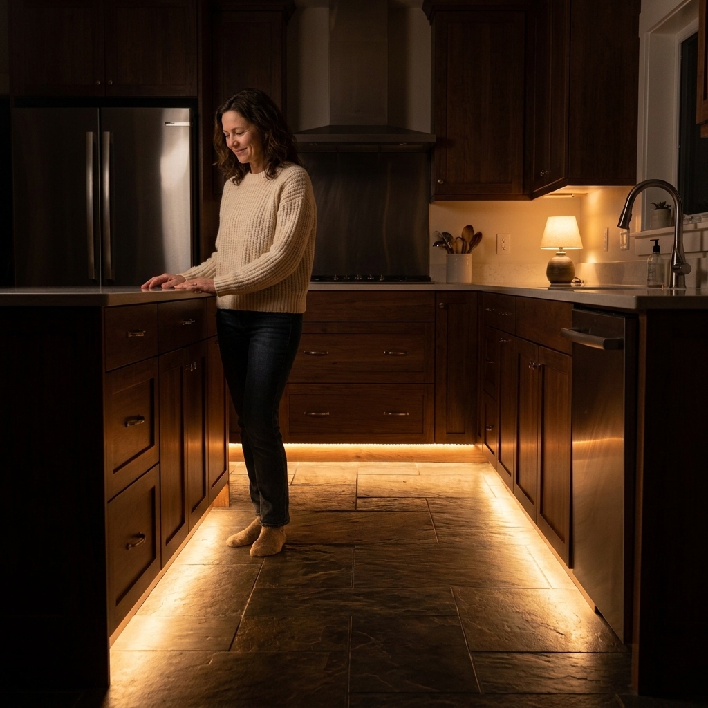 A kitchen at night with subtle warm toe-kick lighting glowing along the base of the cabinets and reflecting softly on the floor