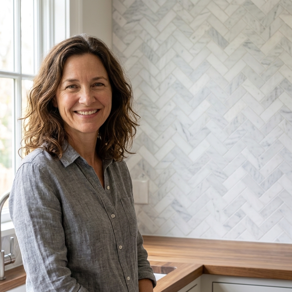 A kitchen backsplash installed in a marble herringbone pattern with subtle gray veining and a honed, low-sheen finish