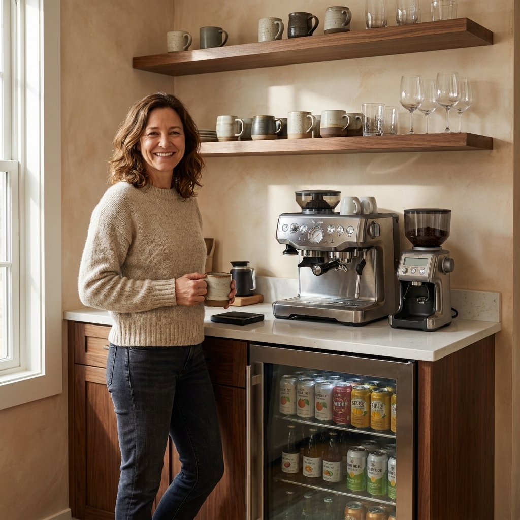 A kitchen beverage station with lower cabinets, open counter space for a coffee maker, a small undercounter beverage fridge, and upper shelves holding mugs and glasses