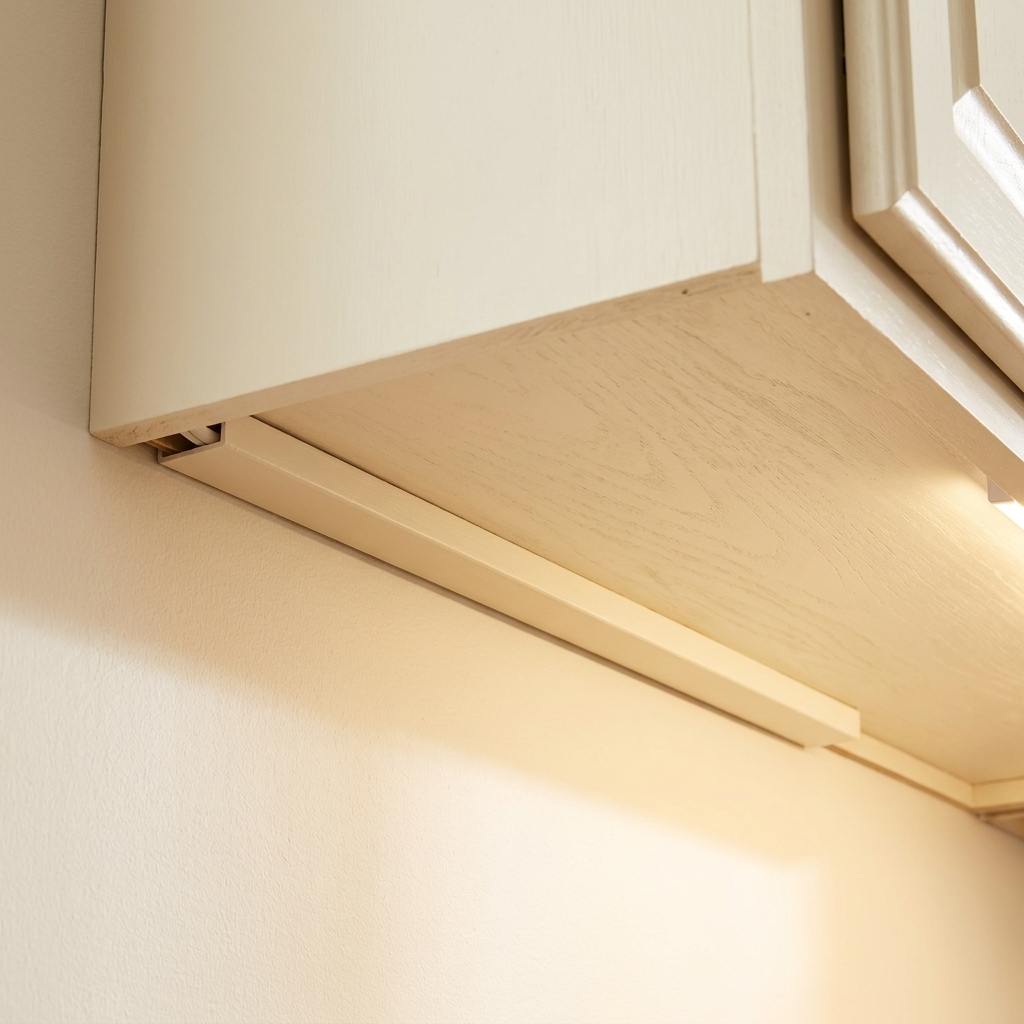 A kitchen cabinet underside with a slim paintable cord raceway neatly installed along the back edge to conceal an under-cabinet lighting cord