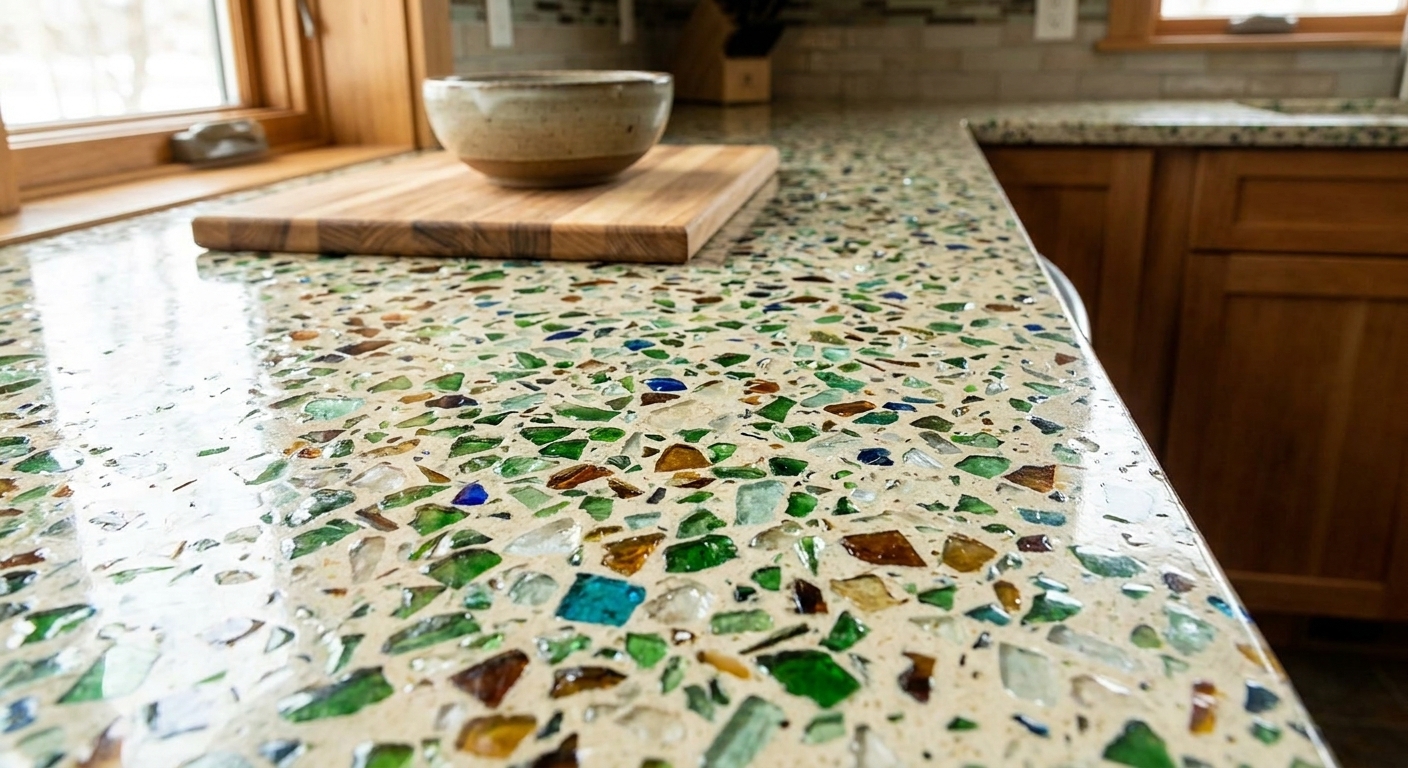 A kitchen countertop made with recycled glass pieces set in a light-colored binder, showing the reflective glass aggregate across the surface
