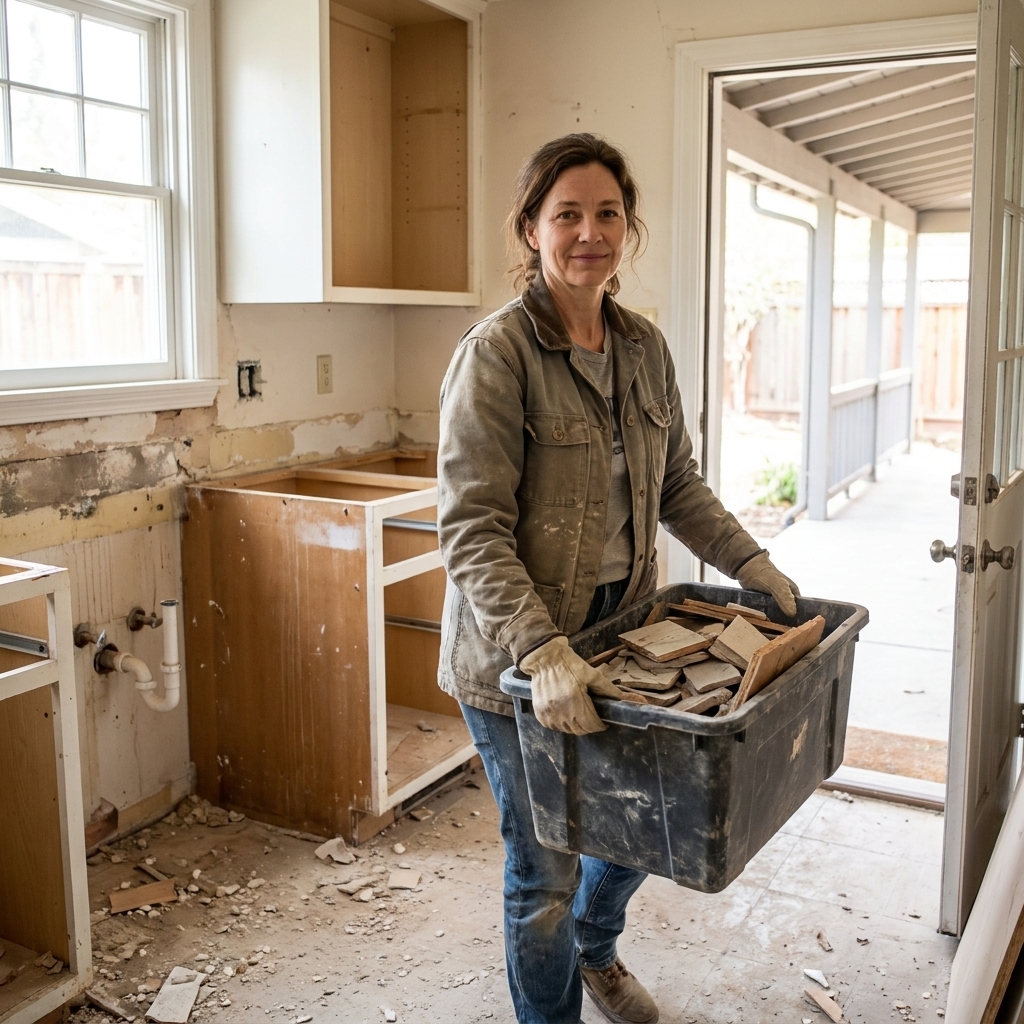 A kitchen during demolition with base cabinets removed, exposed plumbing stub-outs visible, and a contractor carrying debris toward a covered walkway