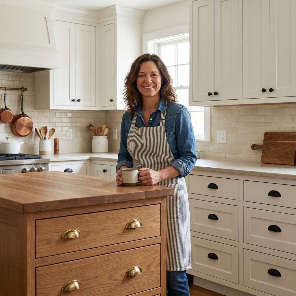 A kitchen island with brass drawer pulls while surrounding white cabinets use matte black pulls, with a neutral backsplash in the background