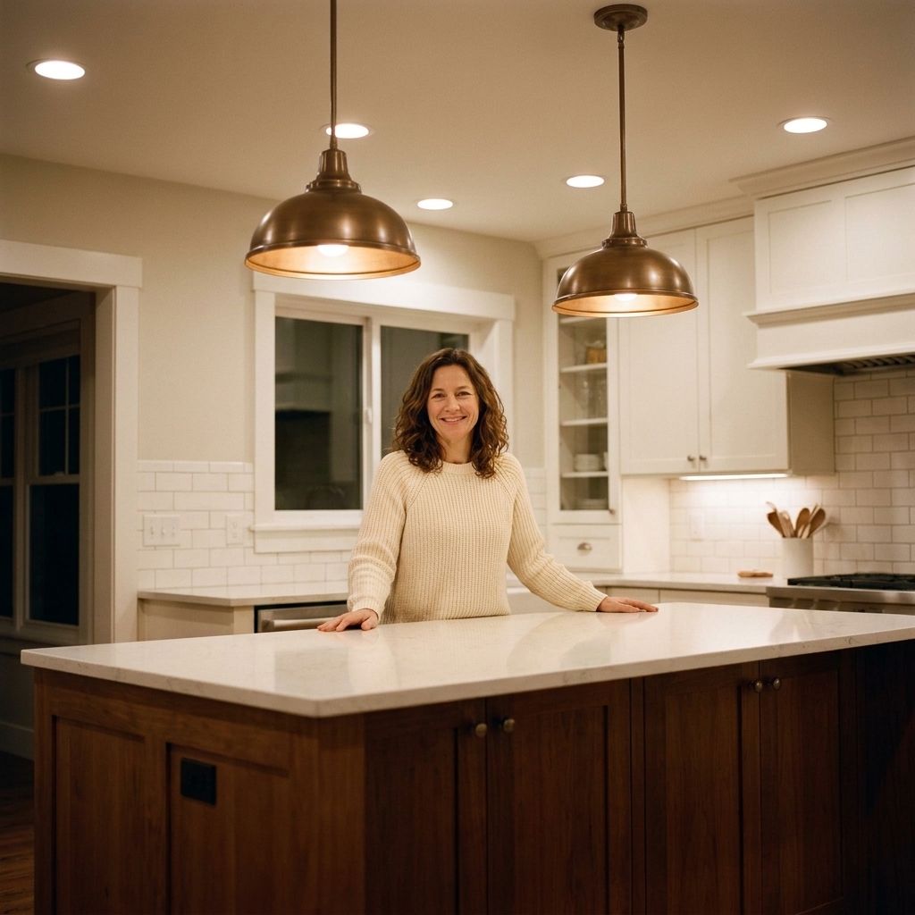 A kitchen island with two medium-size pendant lights evenly spaced above the countertop, with recessed ceiling lights providing background illumination
