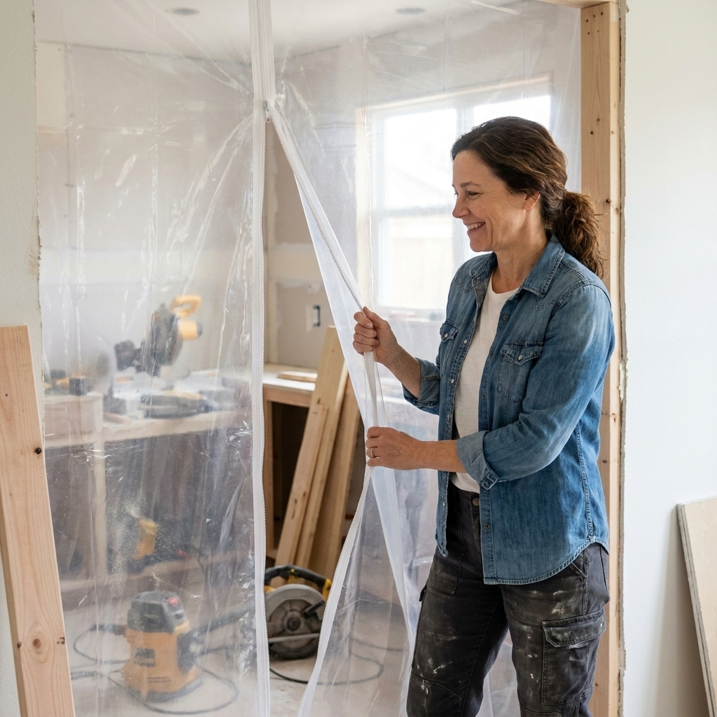 A kitchen remodel area separated from the rest of the home with a clear plastic dust barrier wall and a zipper doorway