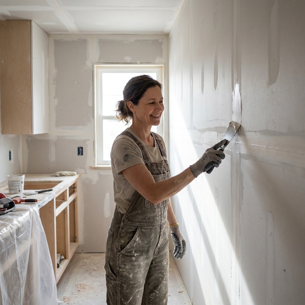 A kitchen remodel in progress with fresh drywall installed, seams taped, and a finisher applying joint compound