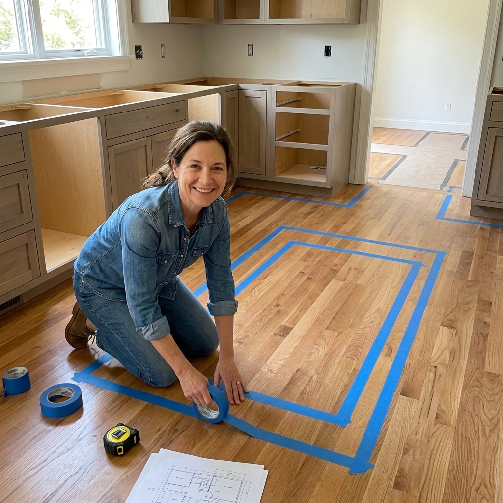 A kitchen under planning with painter's tape on the floor outlining a future island footprint and walking paths
