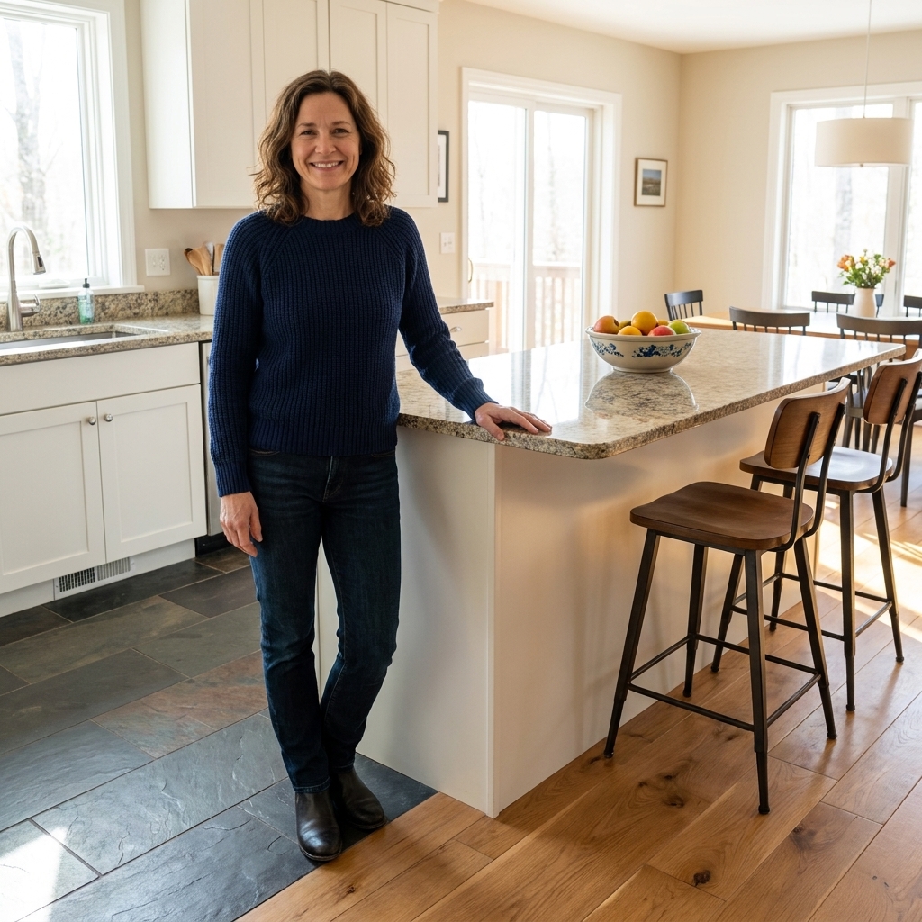 A kitchen where tile flooring in the cooking area transitions cleanly to wood flooring in the adjacent dining space, with the transition aligned along the edge of a peninsula