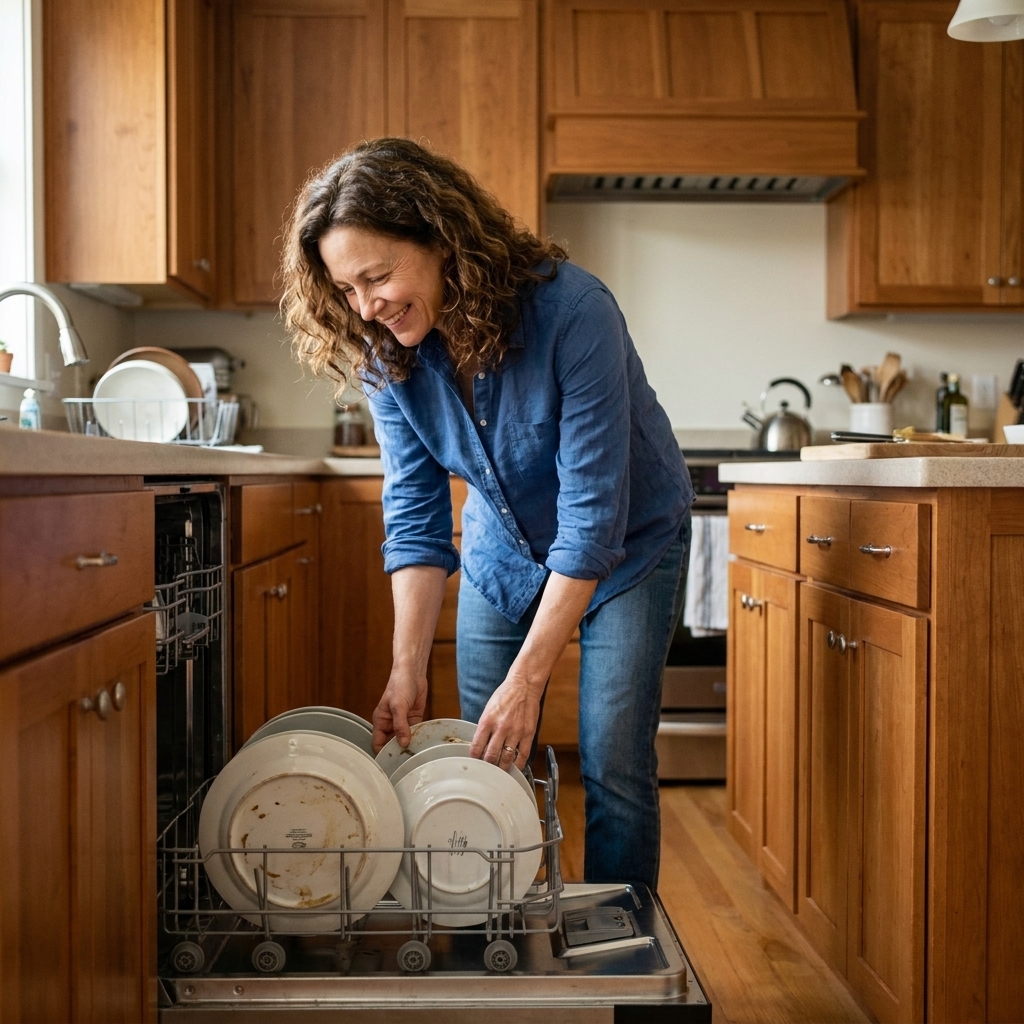 A kitchen with a dishwasher door open across from an island, showing enough space for a person to stand comfortably while loading dishes