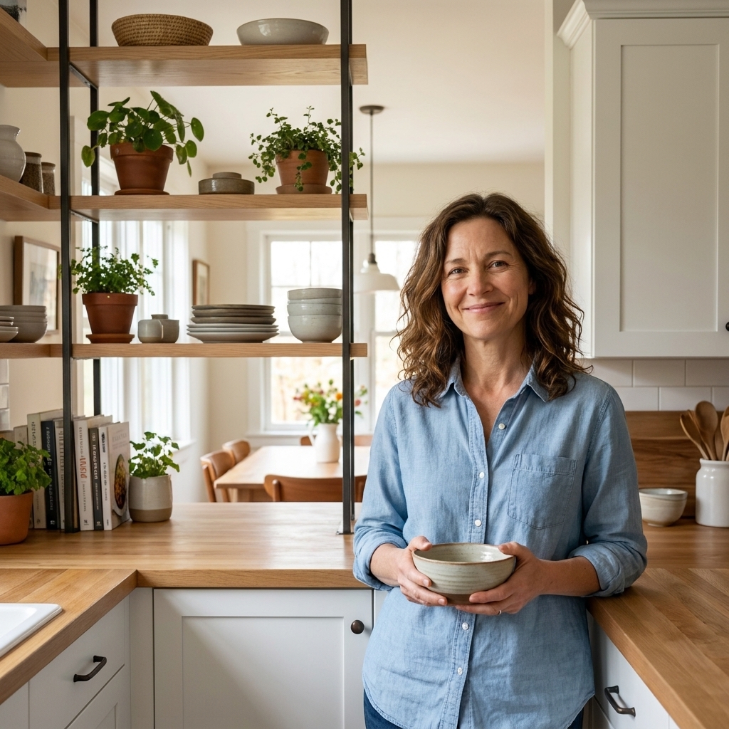 A kitchen with a half-height open shelving unit that visually separates the kitchen from the dining area while still allowing light to pass through