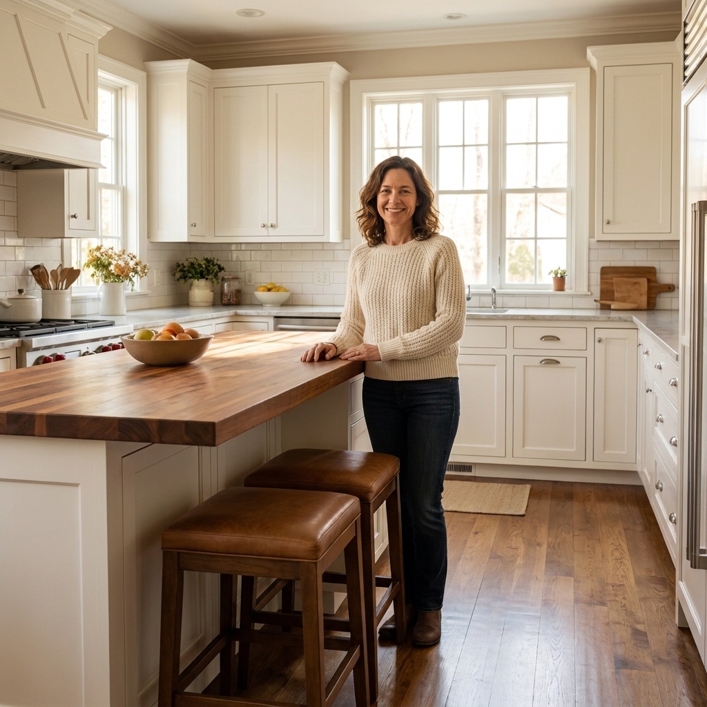 A kitchen with an island and two stools tucked under a countertop overhang, showing a wide walkway behind the seating area