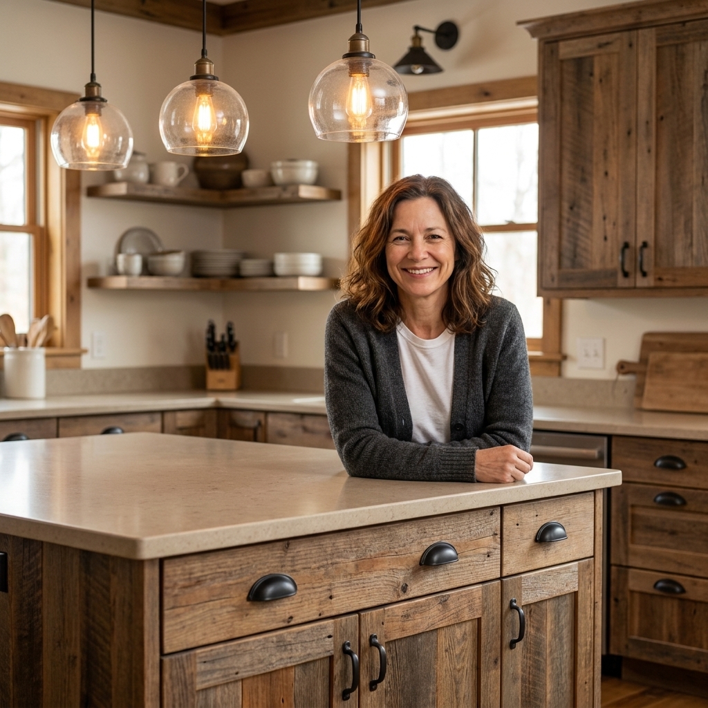 A kitchen with reclaimed wood cabinet fronts and matte black hardware, paired with light countertops and warm pendant lighting