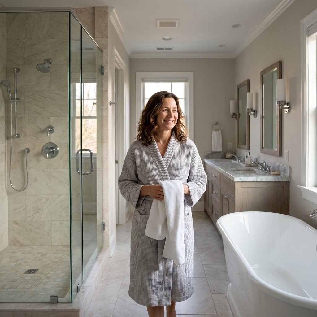 A long master bathroom with a freestanding tub on the right side and a glass walk-in shower on the left, with a wide central walkway and a double vanity along the wall