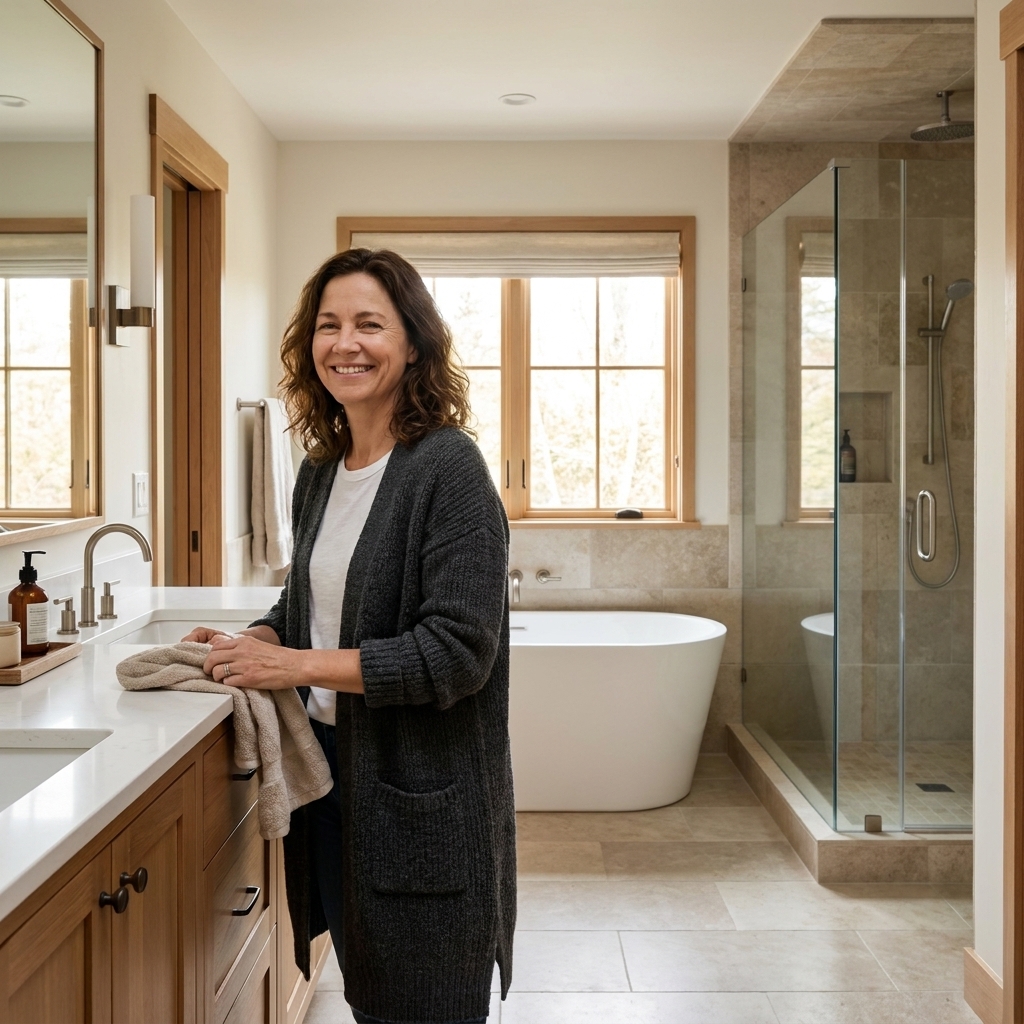 A master bathroom with a freestanding tub centered on the back wall beneath a large window, with a glass walk-in shower in the back corner and a double vanity near the entry