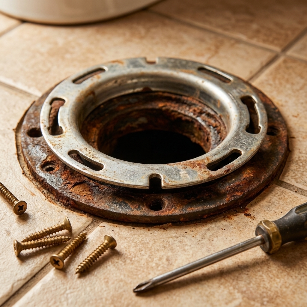 A metal toilet flange repair ring positioned over an existing flange on a bathroom floor, with screws and a driver nearby