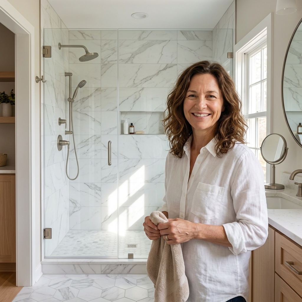 A mid-size bathroom with a walk-in shower in the former tub alcove, featuring a frameless hinged glass door, marble-look porcelain wall tile, and brushed nickel fixtures