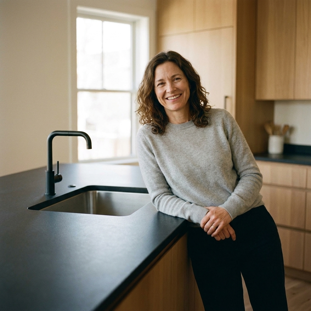 A minimalist kitchen island with a dark matte paper composite countertop and an undermount sink