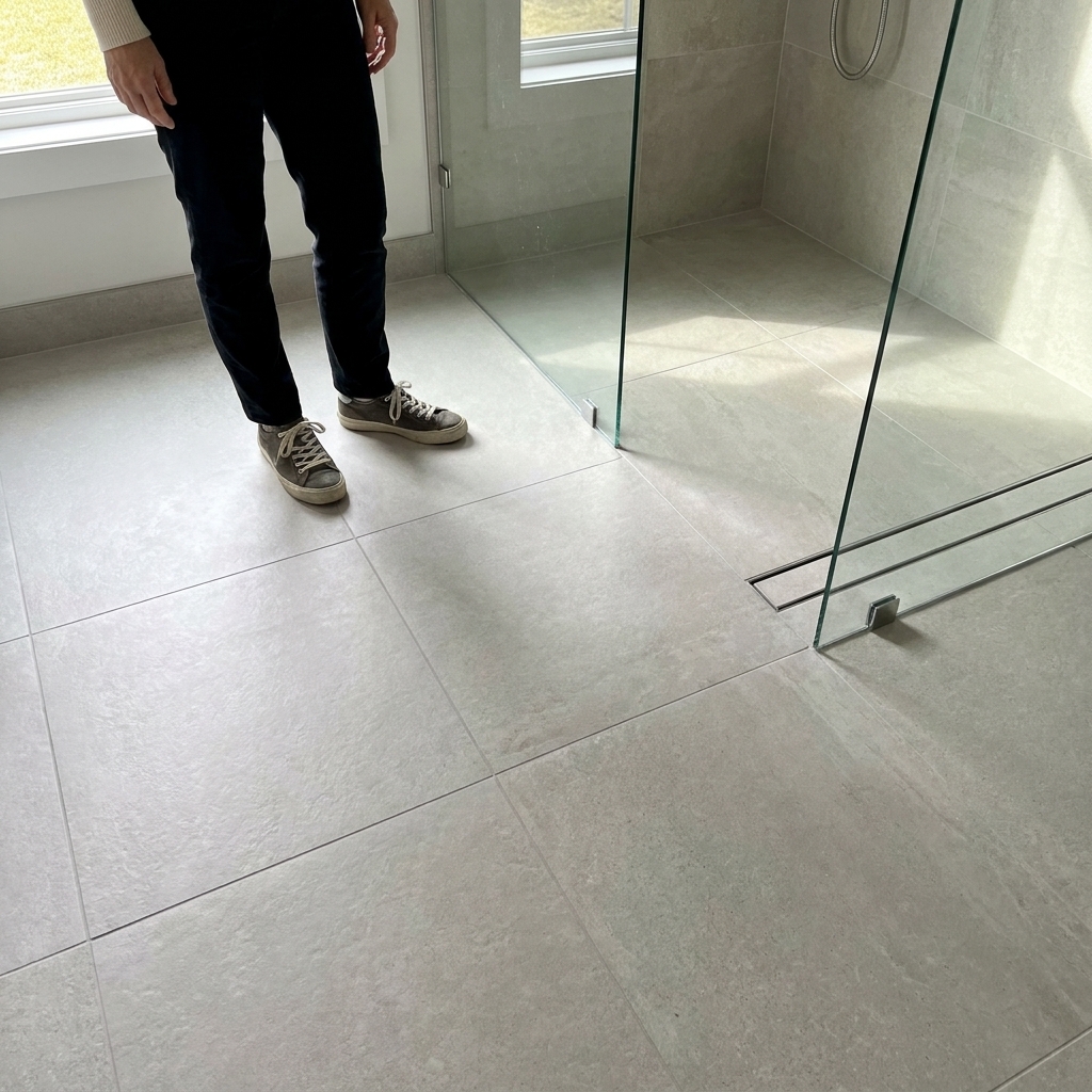 A modern bathroom floor with large-format matte porcelain tiles and tight grout lines, shown next to a curbless shower entry