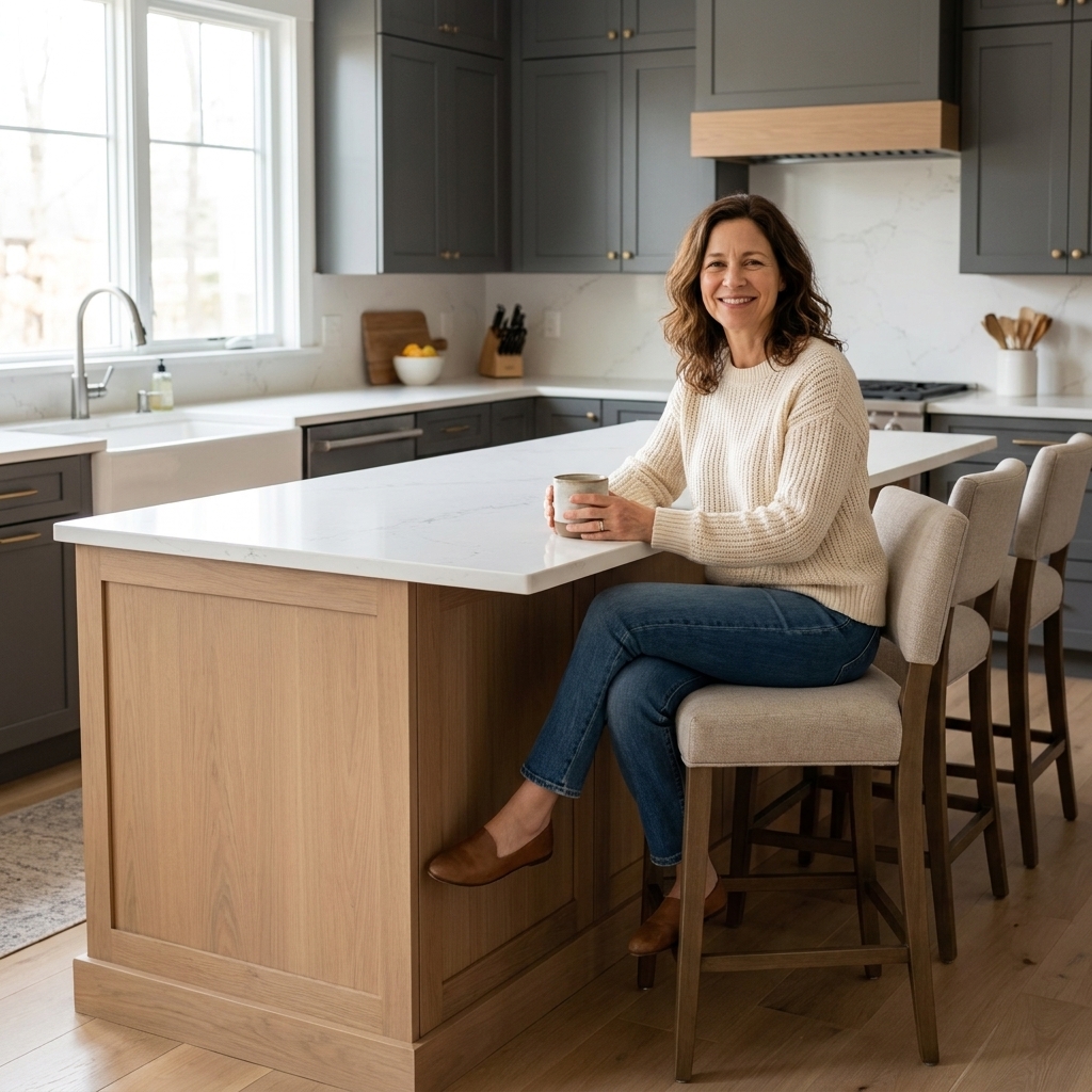 A modern kitchen island with stools on one side and a clear working aisle on the sink side, showing ample space between the island and perimeter cabinets