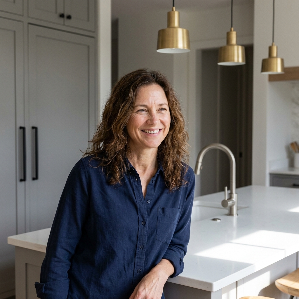 A modern kitchen with matte black cabinet pulls, a brushed nickel faucet, and simple brass pendant lights over a white island