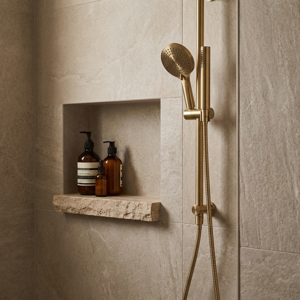 A modern shower wall with large-format porcelain tile, a recessed shampoo niche with a stone shelf, and a brushed brass handheld shower on a slide bar