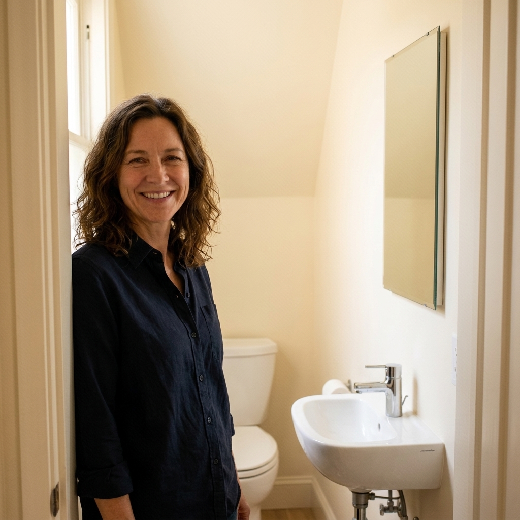 A narrow powder room with a white corner wall-hung sink, a small mirror, and a toilet set back along the side wall