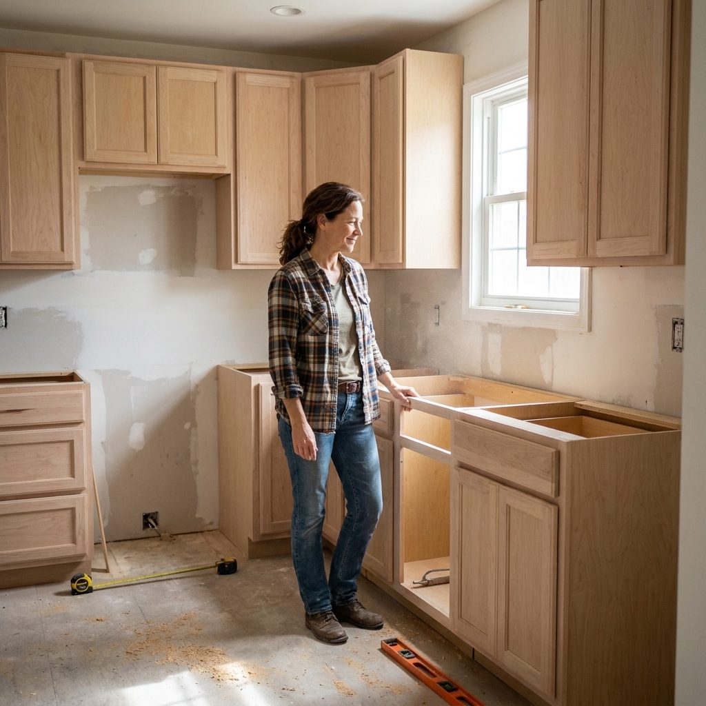 A newly installed set of base and wall kitchen cabinets in an empty room with no countertops yet, showing a remodel paused between phases