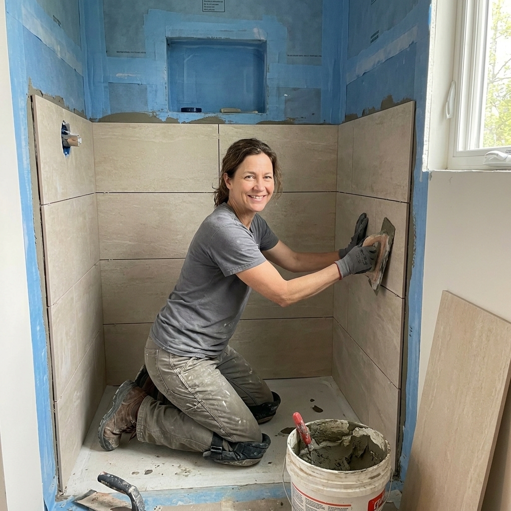 A partially tiled walk-in shower with visible waterproofing on the walls and a worker setting large-format tiles