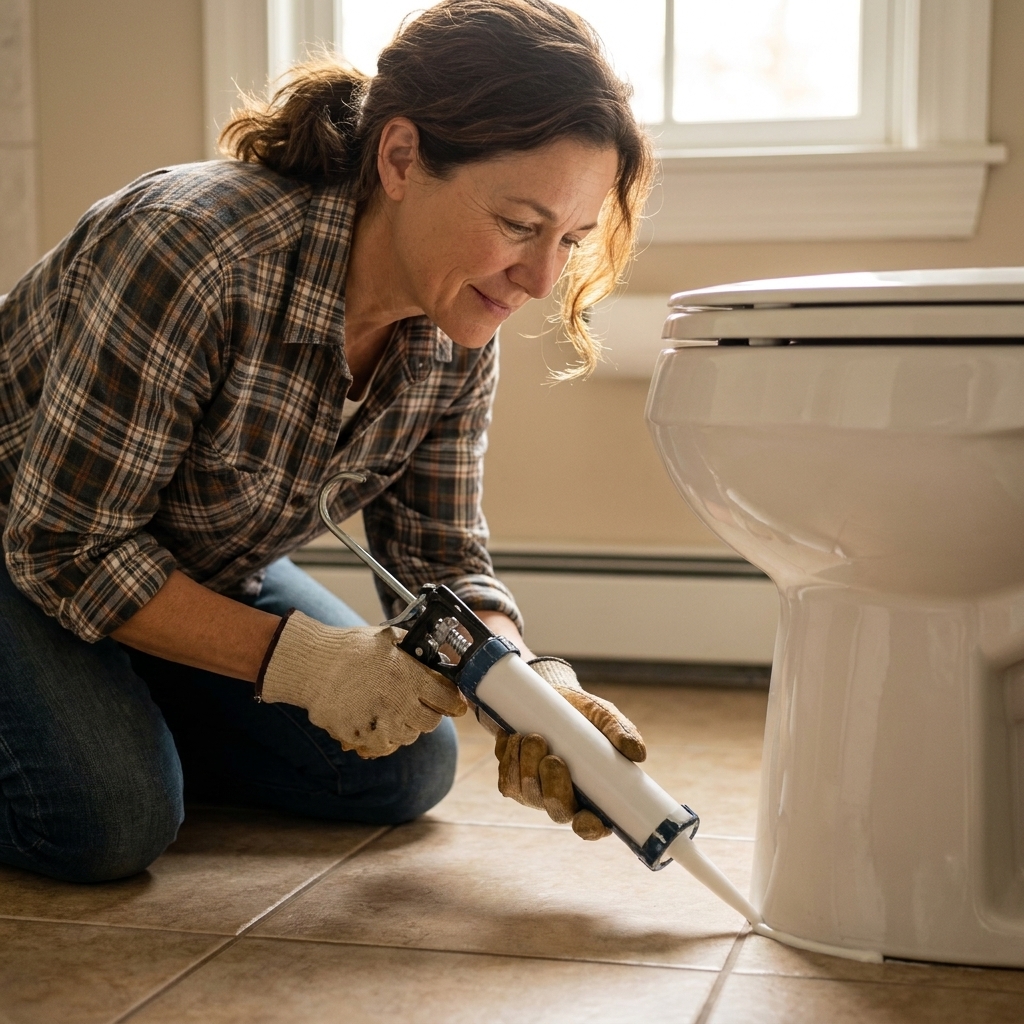A person applying a smooth bead of white caulk along the front edge of a toilet base where it meets a tile floor