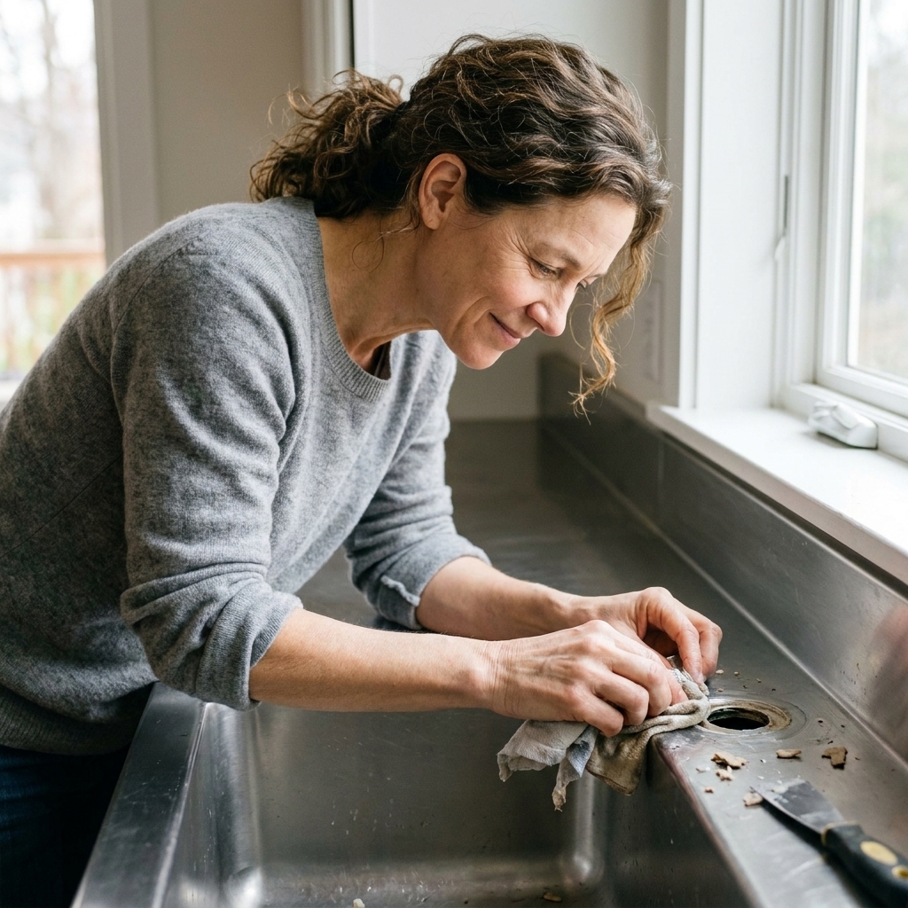 A person wiping the sink deck around the faucet hole with a cloth after scraping away old plumber's putty, leaving a clean stainless steel surface