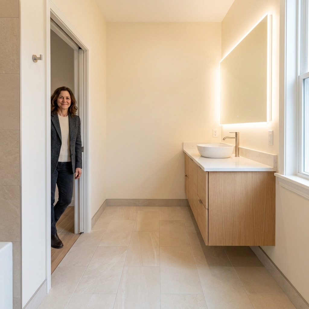 A renovated bathroom with a wide pocket door opening, light tile flooring, and a clear pathway leading to a floating vanity
