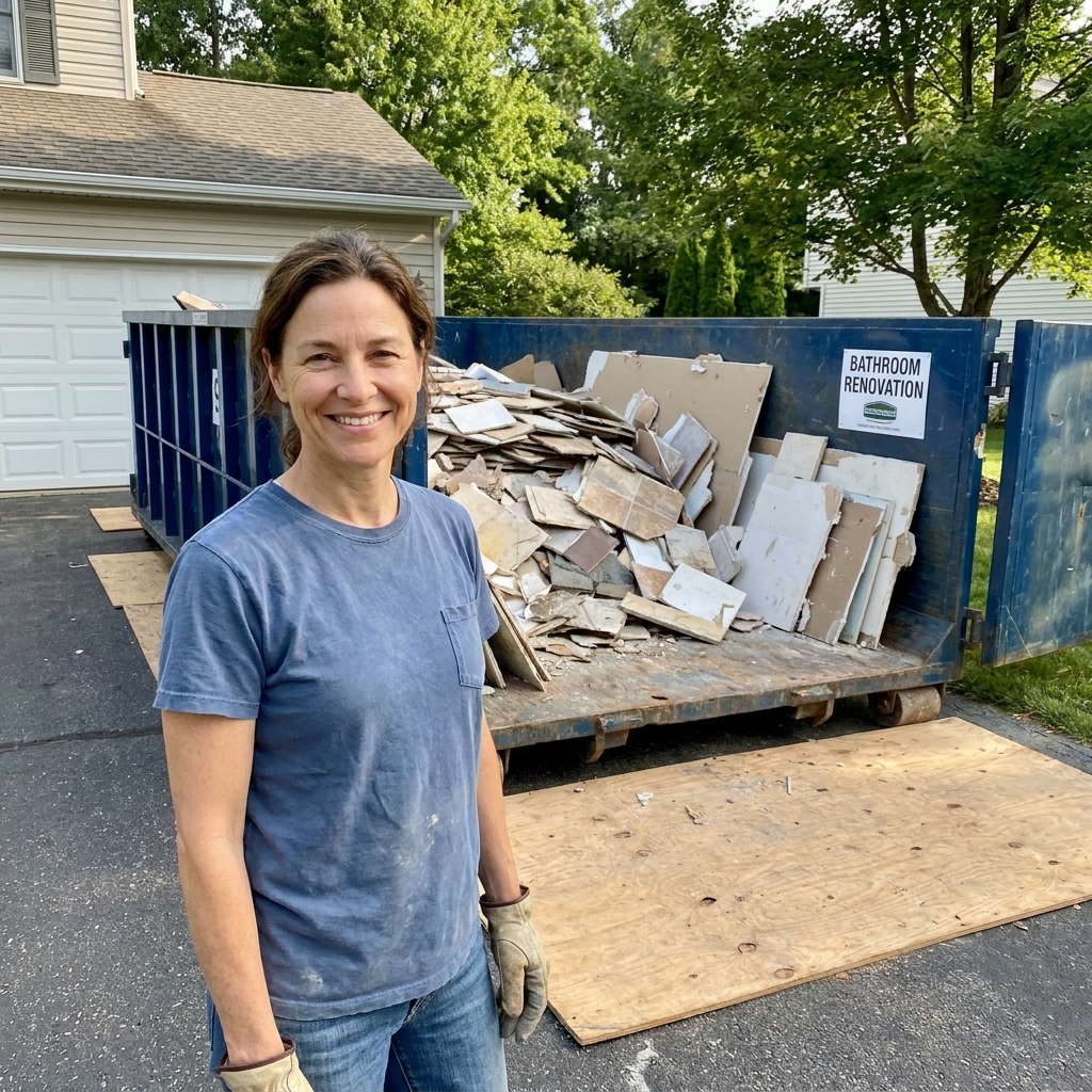 A residential driveway with a rented dumpster used for a bathroom renovation, with protective boards on the ground nearby
