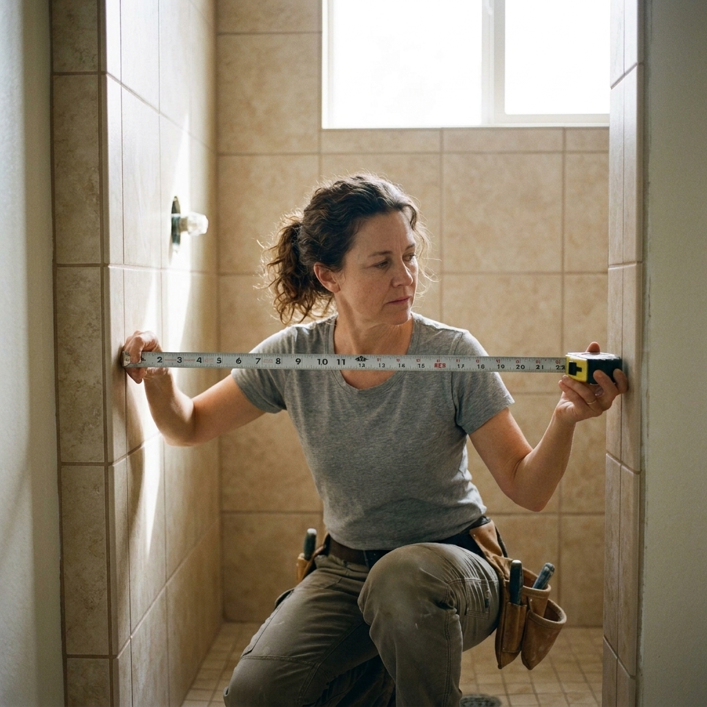 A shower glass installer using a tape measure to check the width of a tiled shower opening before ordering glass