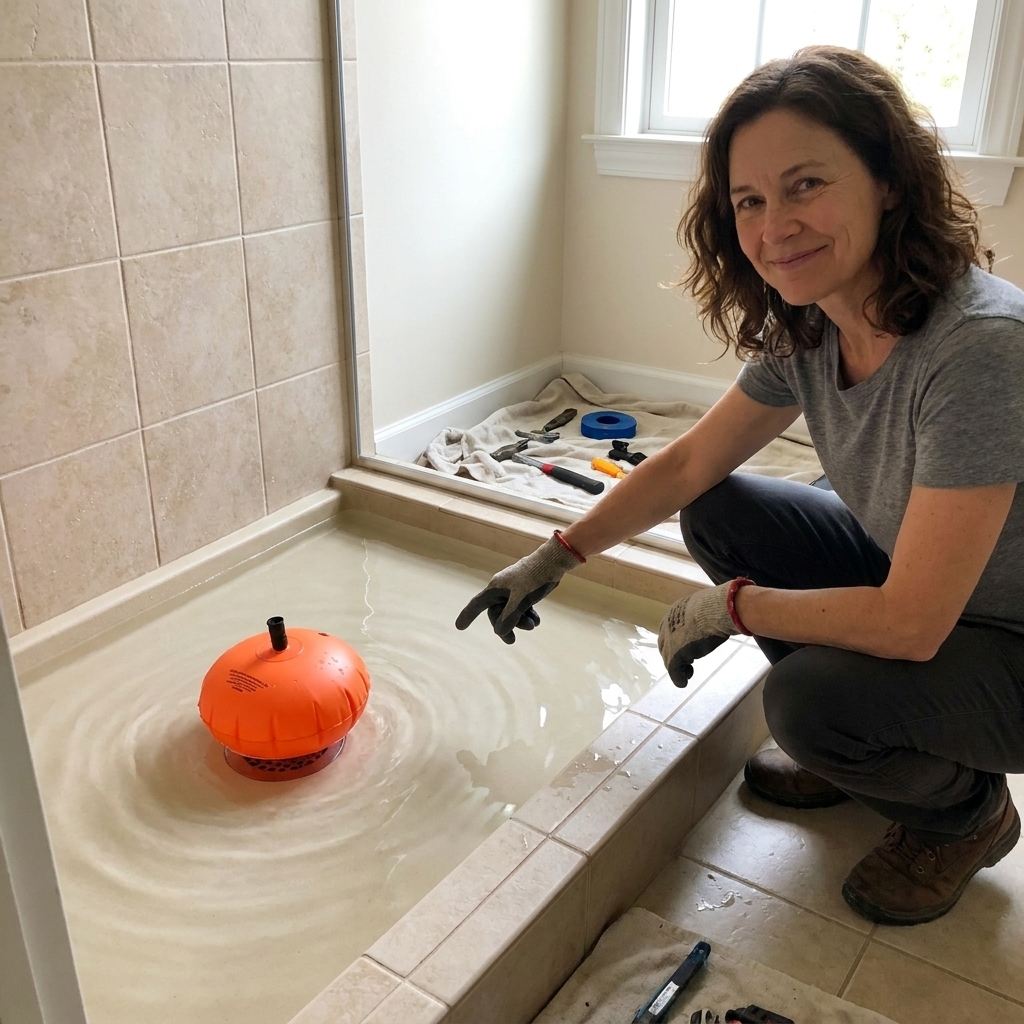 A shower pan filled with water during a leak test with an inflatable test plug installed in the drain opening