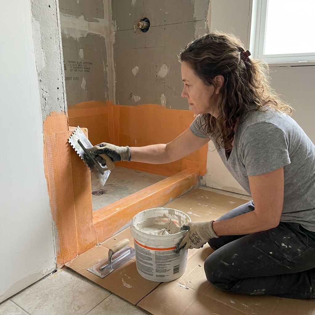 A shower wall mid-install with waterproofing membrane applied, with a trowel and thinset bucket nearby on a protected floor