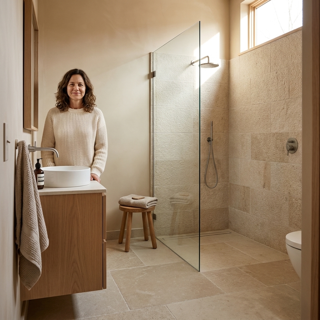 A small bathroom with a curbless walk-in shower separated by a single clear glass panel, light stone floor tile, and a compact vanity