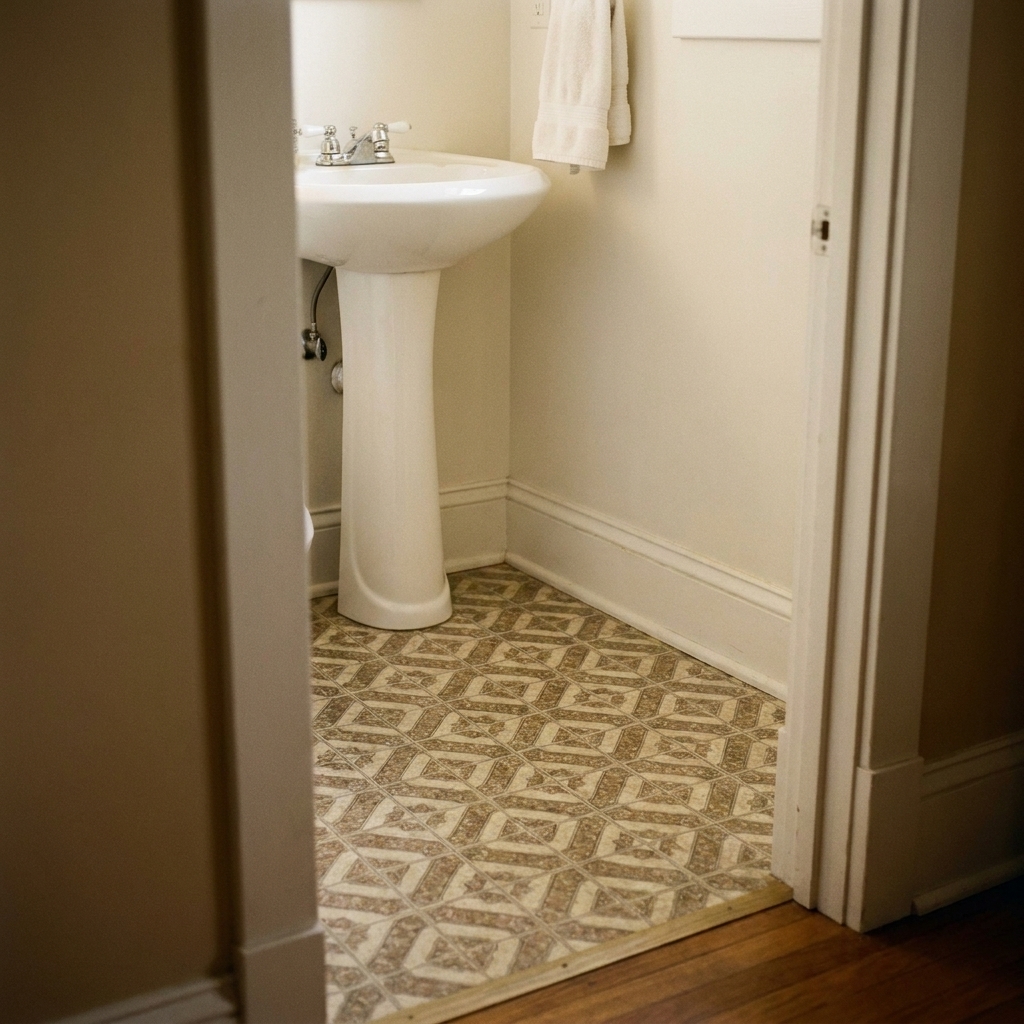 A small bathroom with patterned sheet vinyl flooring, a pedestal sink, and white baseboards, photographed from the doorway