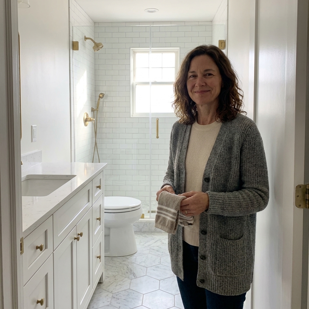 A small bathroom with the vanity and toilet aligned along one wall and a shower at the far end, photographed with a clean open walkway