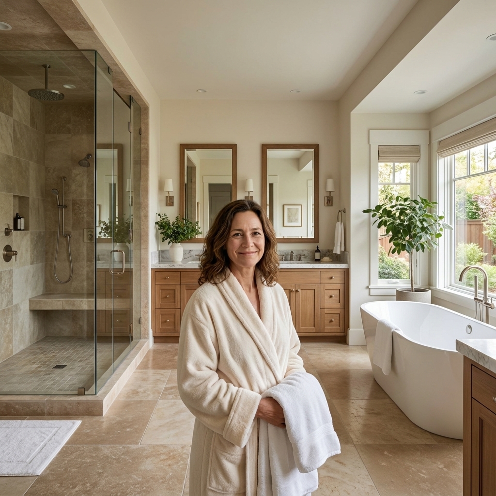 A spacious master bathroom with dual vanities in the center, a glass walk-in shower at one end, and a freestanding tub at the other end, styled like a luxury retreat